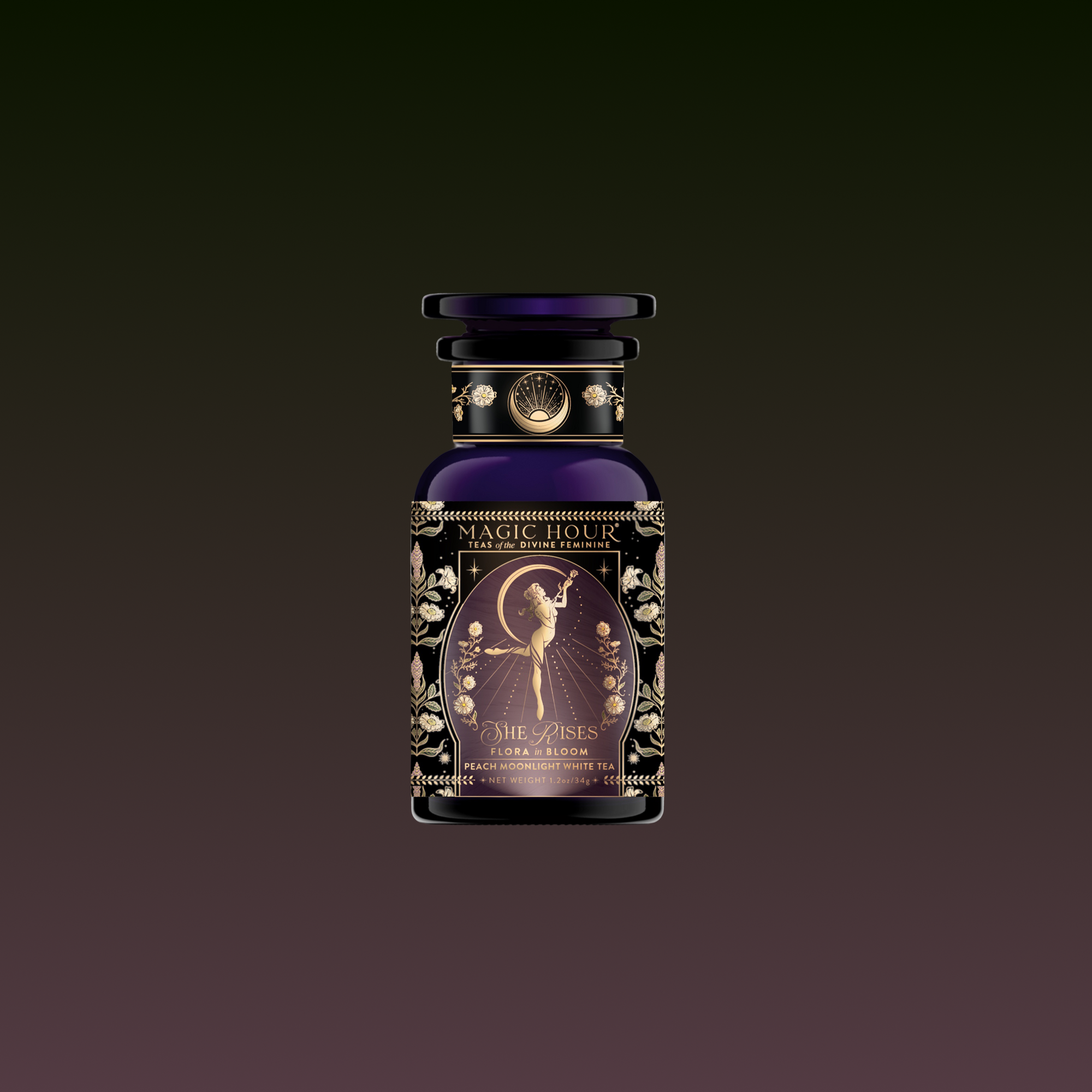 A dark purple bottle with gold floral designs and a fairy illustration, inspired by goddess rituals and rare botanicals, shines against a black-purple gradient. The label says "Monthly Magic Tea Journey Subscription" and "The Rises.