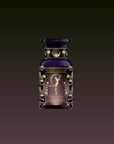 A dark purple bottle with gold floral designs and a fairy illustration, inspired by goddess rituals and rare botanicals, shines against a black-purple gradient. The label says "Monthly Magic Tea Journey Subscription" and "The Rises.