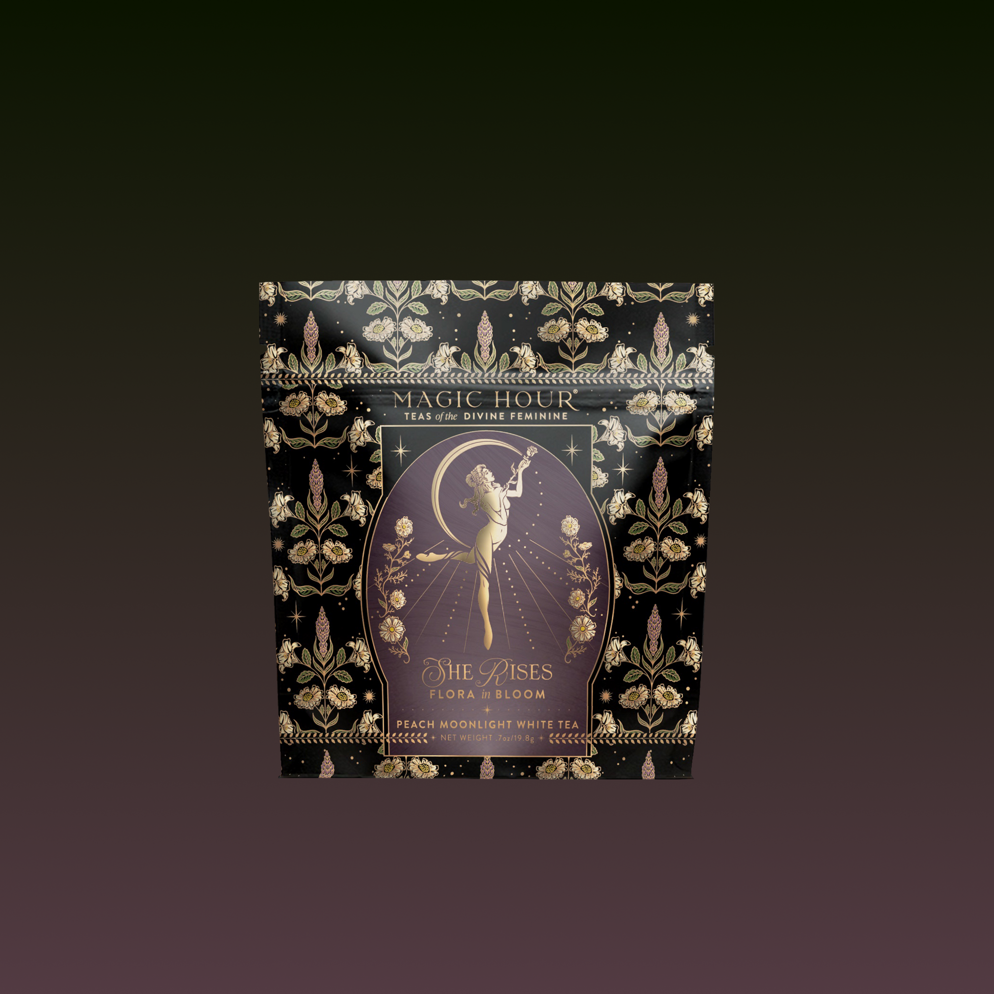 The Monthly Magic Tea Journey Subscription features a decorative black and gold "Magic Hour" package with an ornate design and a woman reaching upward—"She Rises," a peach moonlight white tea blend for goddess rituals or Divine Feminine exploration.