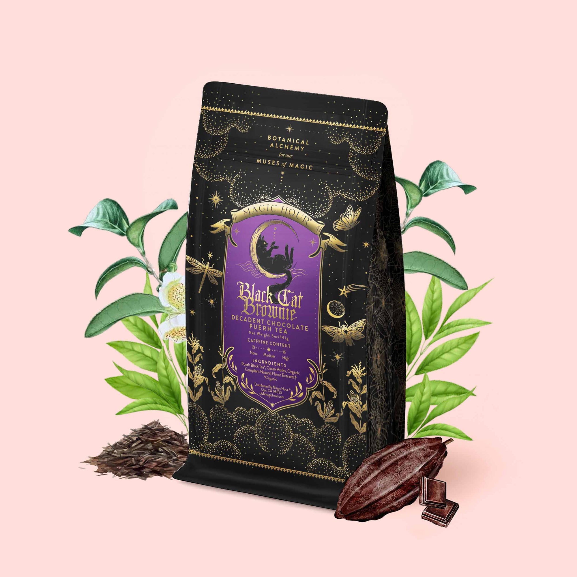 A bag of Black Cat Brownie: Decadent Chocolate Puerh Blend with Vanilla & Hazelnut, featuring a purple and gold label, is surrounded by green leaves, a cocoa pod, and pieces of chocolate—this dessert-inspired black tea blend is displayed on a light pink background.