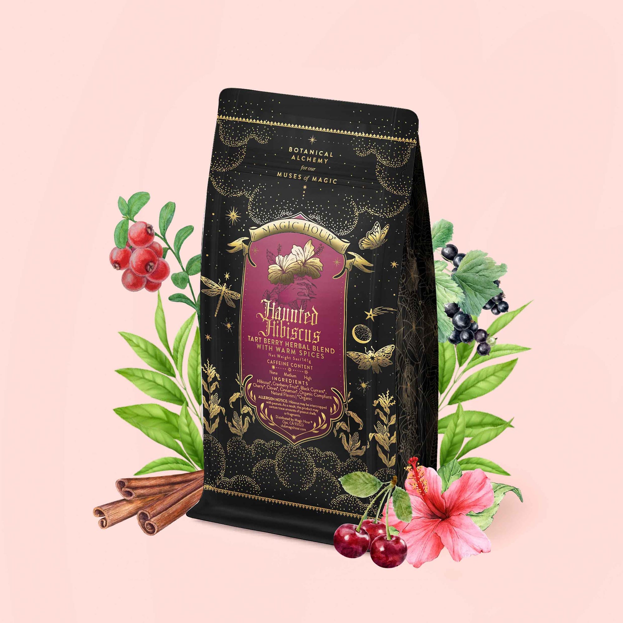 A decorative tea package adorned with gold designs and a red label is surrounded by illustrated berries, green leaves, cinnamon sticks, and a hibiscus flower on a soft pink background—a perfect presentation for Haunted Hibiscus: Tart Berry Herbal Blend with Warm Spices. The imagery evokes the vibrant flavors of this caffeine-free herbal blend, inviting you to indulge in a soothing, aromatic experience.