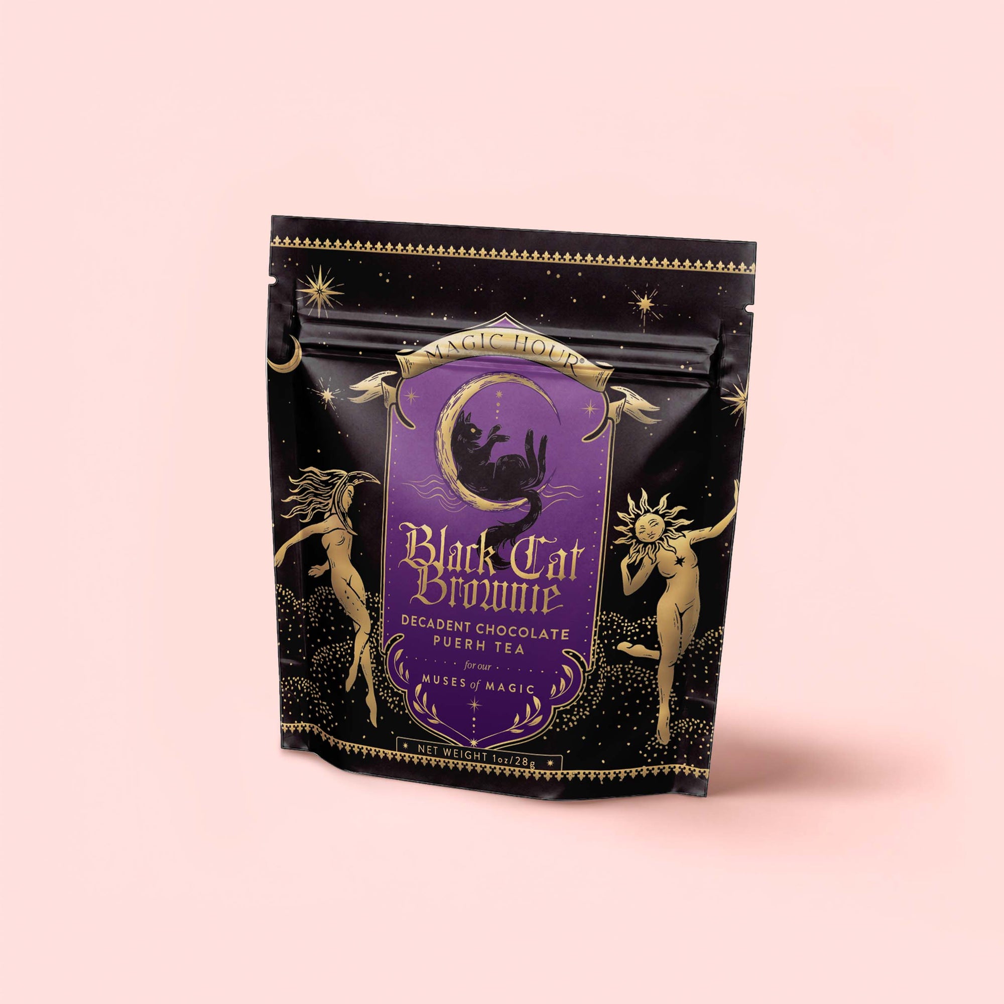 A black and purple bag of “Black Cat Brownie: Decadent Chocolate Puerh Blend with Vanilla & Hazelnut” features gold star designs and illustrations of two celestial women on a pale pink background. This chocolate tea blend offers a magical fusion of flavor and artistry.