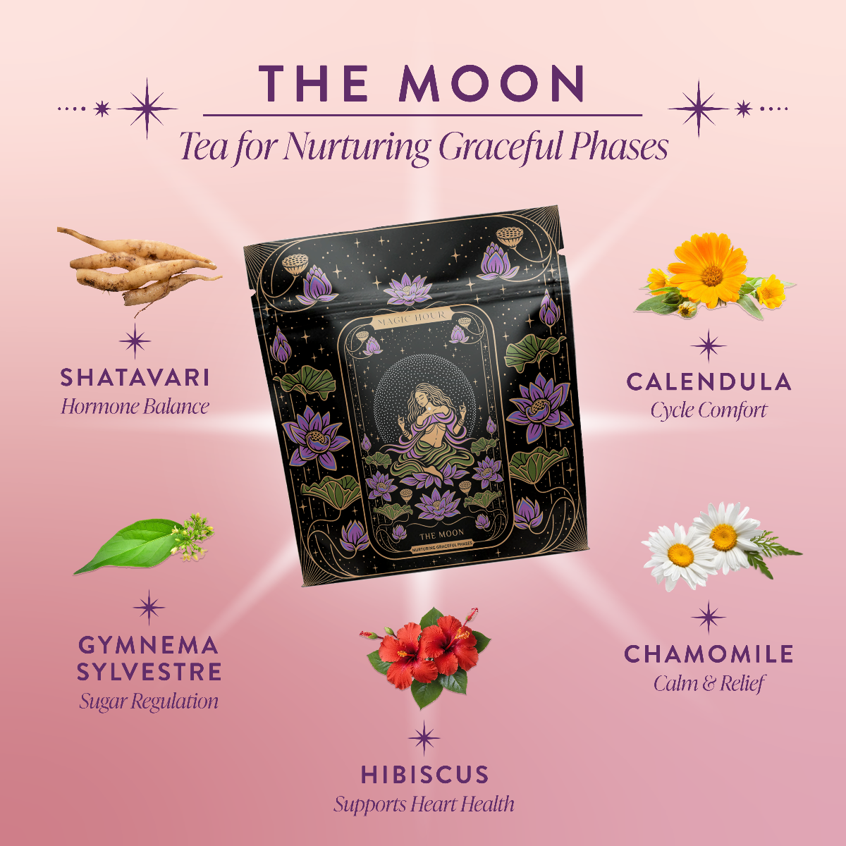 Tea packaging for 'The Moon' tea with herbs and their benefits on a pink background