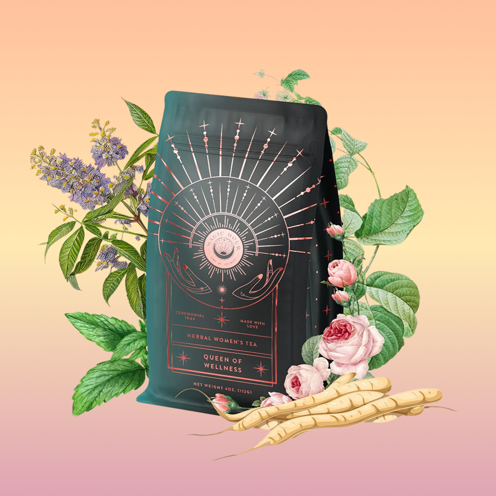 The "Queen of Wellness: Women's Hormone Balancing Tea for PMS, Healthy Cycles & Menopause" package features celestial art and is adorned with illustrated herbs, flowers, and roots—celebrating women's reproductive wellness on a soft gradient backdrop.