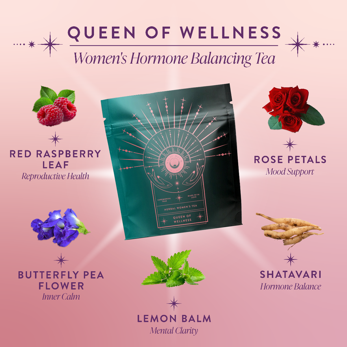 Tea packaging for 'Queen of Wellness' women's hormone balancing tea with ingredients and benefits on a pink background.