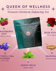 Tea packaging for 'Queen of Wellness' women's hormone balancing tea with ingredients and benefits on a pink background.
