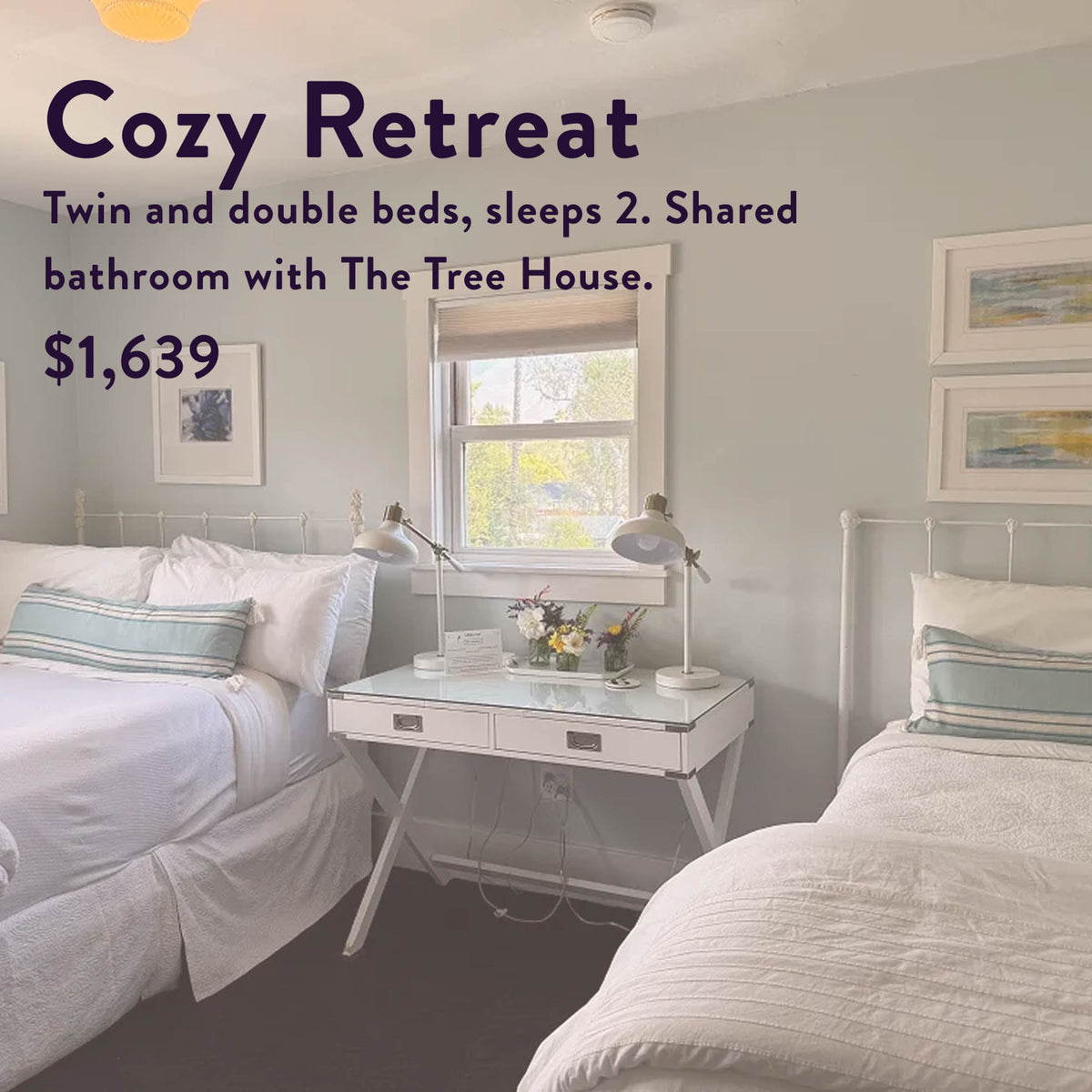 Experience The Soul of Tea: A Two Day Retreat in Ojai, CA—featuring a bright, serene room with twin and double beds dressed in crisp white linens. Enjoy the inviting atmosphere with a window between the beds, a desk illuminated by lamps, and curated art adorning the walls. This “Cozy Retreat” includes shared bathroom access and is available for $1,639. Elevate your getaway by savoring our signature tea blend—the perfect way to unwind after each day at this peaceful tea retreat.