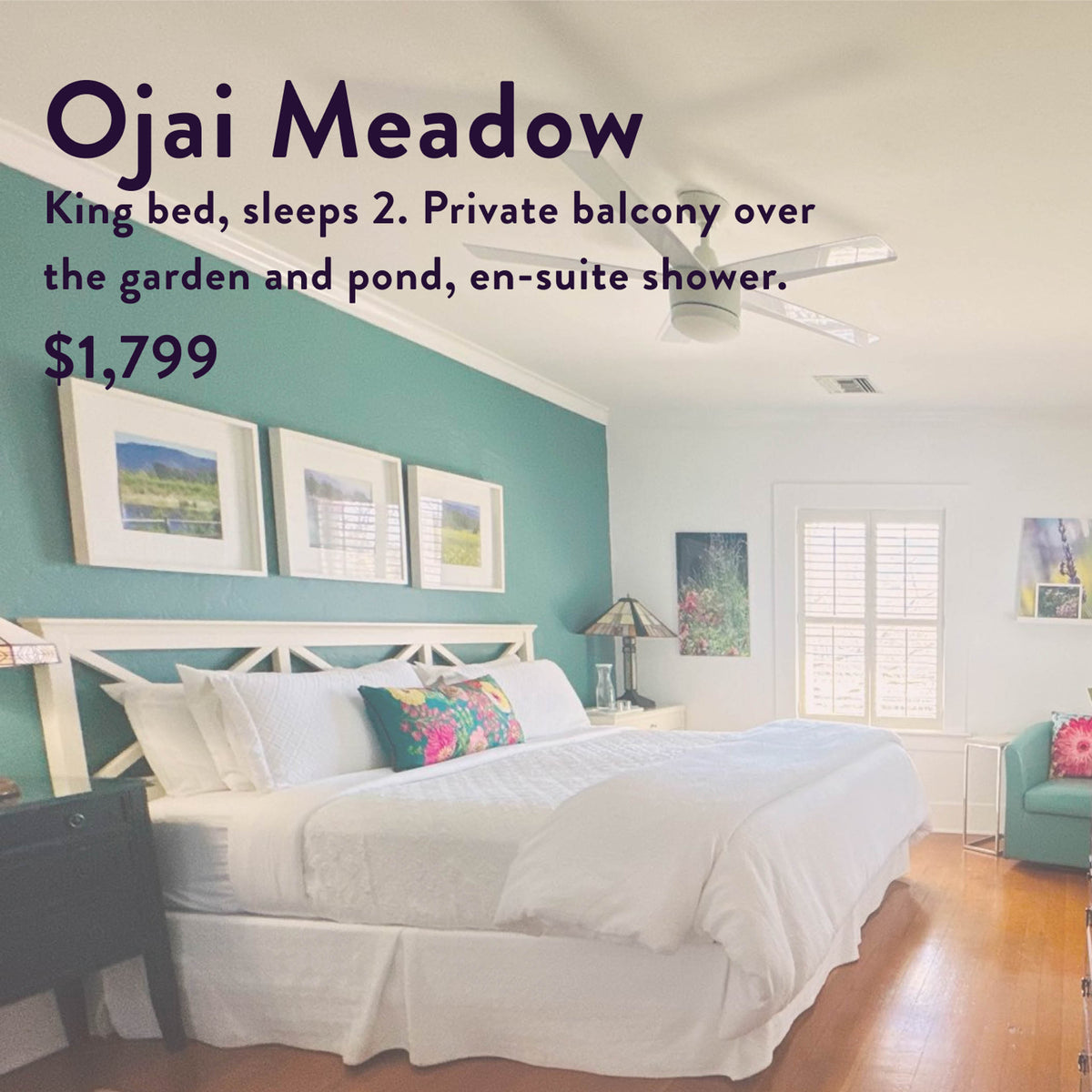 Experience a sunny bedroom featuring a king bed, teal accent wall, vibrant pillows, framed art, a cozy desk, and a sofa—ideal for unwinding after “The Soul of Tea: A Two Day Retreat in Ojai, CA” or savoring your own peaceful tea moment at home. Text includes rental details and pricing information.