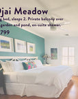 Experience a sunny bedroom featuring a king bed, teal accent wall, vibrant pillows, framed art, a cozy desk, and a sofa—ideal for unwinding after “The Soul of Tea: A Two Day Retreat in Ojai, CA” or savoring your own peaceful tea moment at home. Text includes rental details and pricing information.