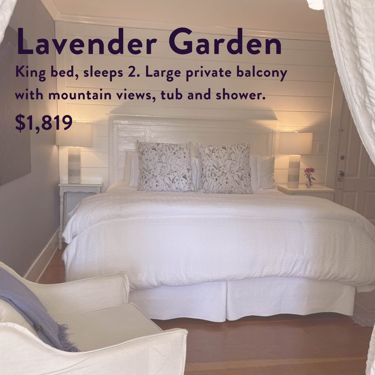 Enjoy a relaxing stay in “The Soul of Tea: A Two Day Retreat in Ojai, CA,” featuring a cozy king bedroom with crisp white linens, an inviting armchair, and soft lighting. The Lavender Garden room includes a private balcony with beautiful mountain views, luxurious tub and shower, all for $1,819. Enhance your experience with our signature tea blend served in-room as part of this soothing tea retreat.