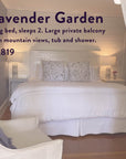 Enjoy a relaxing stay in “The Soul of Tea: A Two Day Retreat in Ojai, CA,” featuring a cozy king bedroom with crisp white linens, an inviting armchair, and soft lighting. The Lavender Garden room includes a private balcony with beautiful mountain views, luxurious tub and shower, all for $1,819. Enhance your experience with our signature tea blend served in-room as part of this soothing tea retreat.