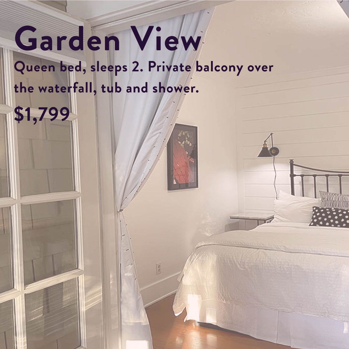 Experience The Soul of Tea: A Two Day Retreat in Ojai, CA. Enjoy a sunlit bedroom with a queen bed dressed in crisp white bedding and pillows, complemented by a wall lamp, framed artwork, billowy white curtains, and warm wooden floors. French doors open to reveal your own serene space—perfect for savoring peaceful tea moments. Reserve your soulful retreat now for $1,799.