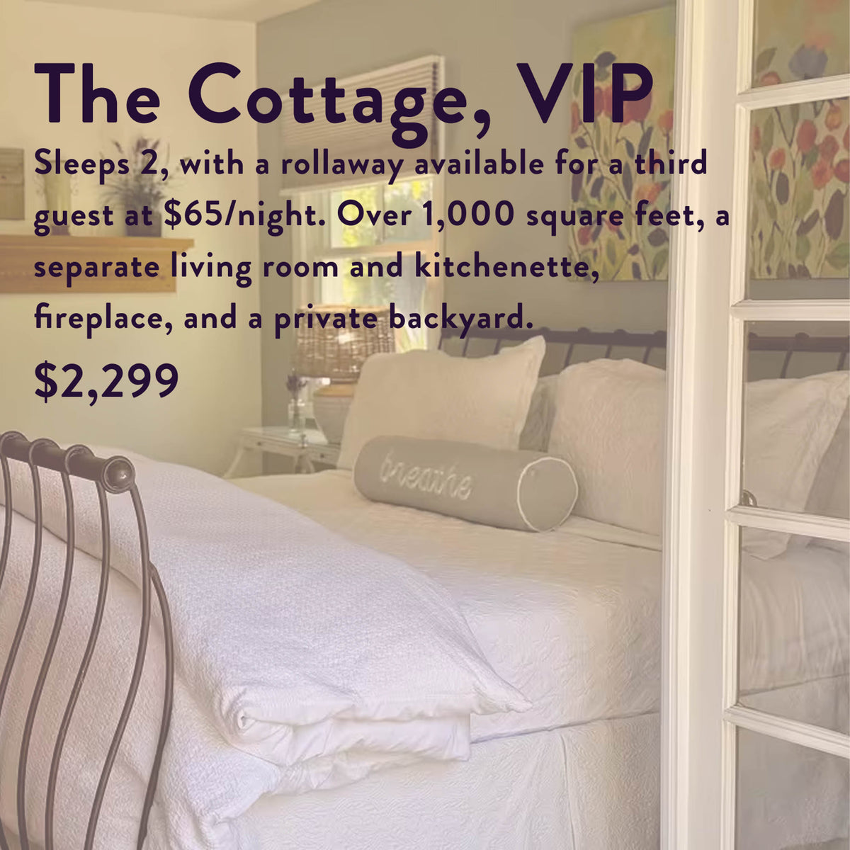 A cozy bedroom with a white iron bed, decorative pillow, and soft bedding. Text over the image highlights “The Soul of Tea: A Two Day Retreat in Ojai, CA” rental details, amenities, pricing, and features—including a private backyard ideal for savoring signature tea blends or hosting an intimate tea retreat experience.