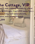 A cozy bedroom with a white iron bed, decorative pillow, and soft bedding. Text over the image highlights “The Soul of Tea: A Two Day Retreat in Ojai, CA” rental details, amenities, pricing, and features—including a private backyard ideal for savoring signature tea blends or hosting an intimate tea retreat experience.