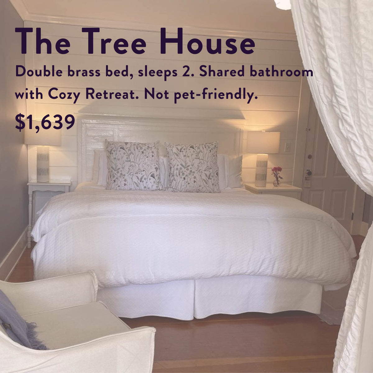 A serene bedroom featuring a double brass bed with white bedding, floral pillows, nightstands with lamps, and soft curtains—ideal for relaxing after The Soul of Tea: A Two Day Retreat in Ojai, CA. Rental details and price: $1,639.