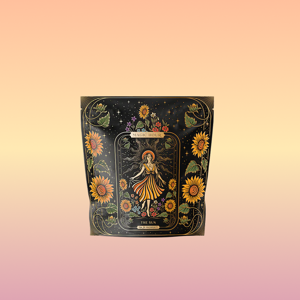 Decorative box with sunflower design and 'The Sun' card illustration on a gradient background