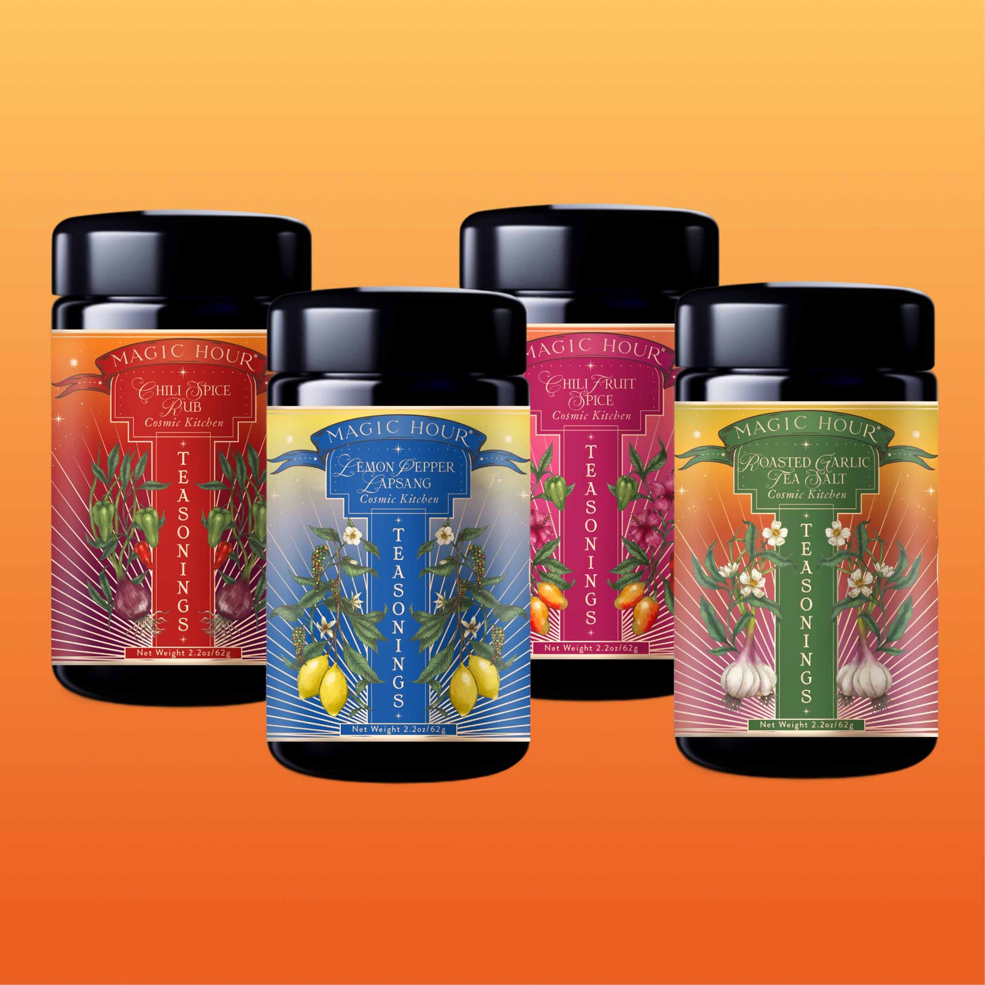 Four jars from the Teasoning Bundle: Tea-Infused Botanical Seasonings for Culinary Alchemy, labeled Chili Spice, Lemon Pepper Zinger, Fruity Fruit, and Roasted Garlic, are displayed against an orange gradient with vibrant illustrations.