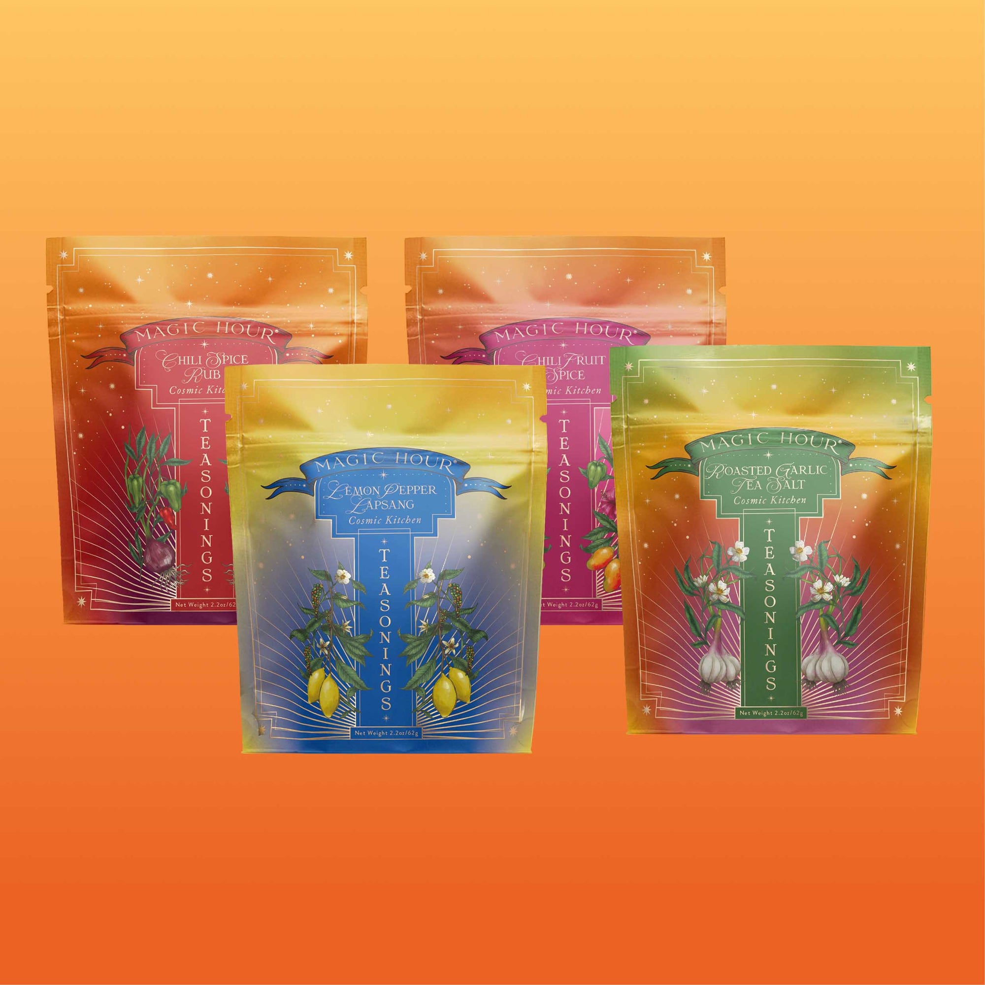 Four vibrant Teasoning Bundle pouches—Chili, Multi-Fruit, Lemon-Pepper, and Roasted Garlic—featuring botanical art are arranged in two rows on an orange gradient background. These are tea-infused seasonings for culinary alchemy.