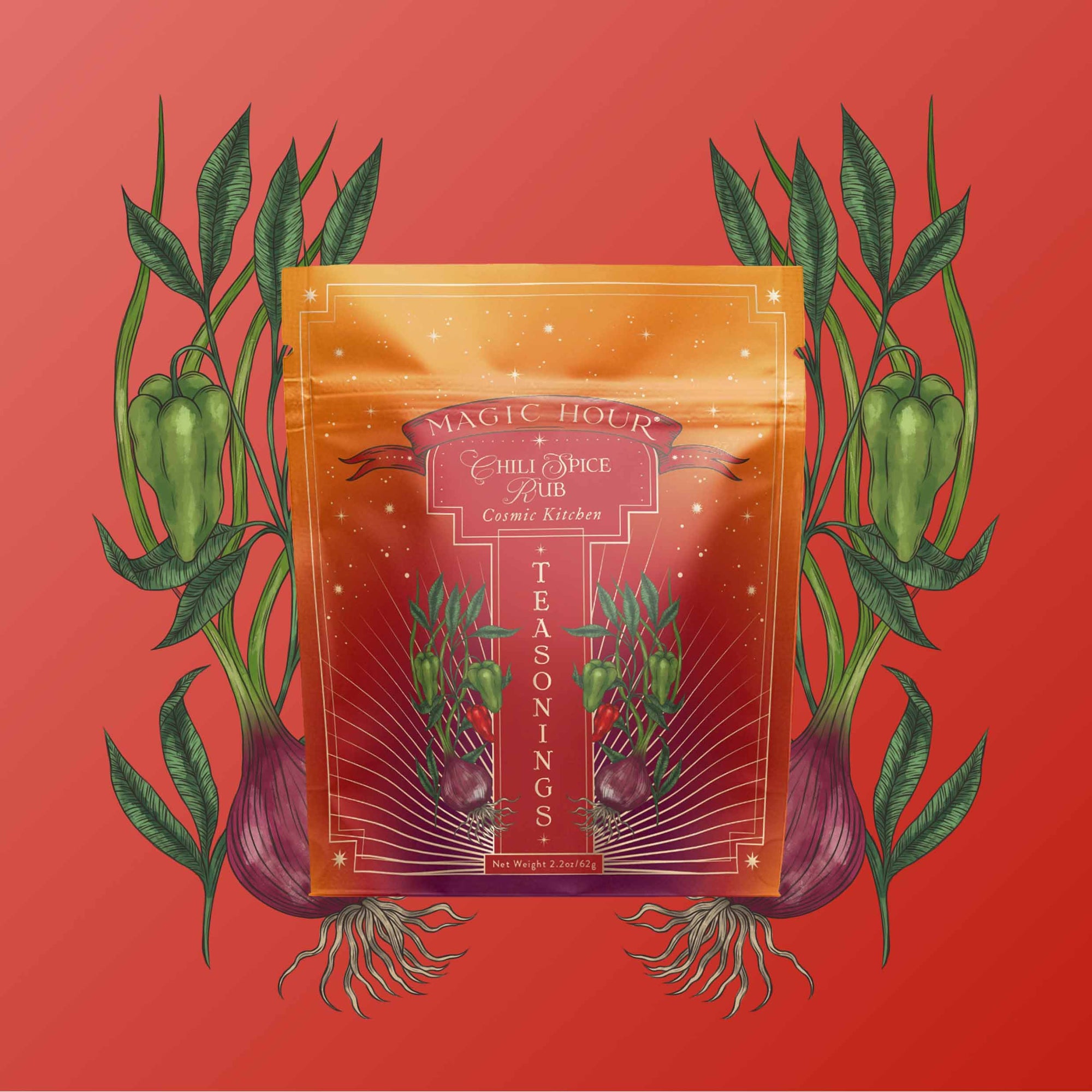 A pouch of Teasoning: Chili Spice Rub, in orange and gold with a magical starry design, sits against a red background surrounded by illustrated green peppers and red onions, highlighting its smoky black tea seasoning.