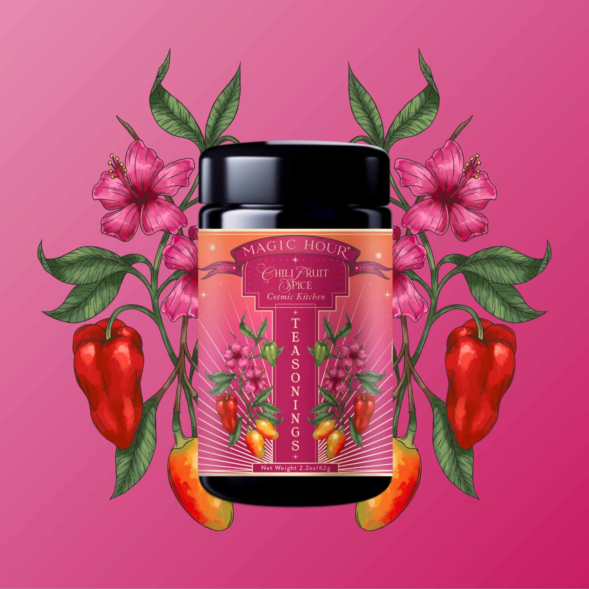 A black tea canister labeled "Teasoning: Chili Fruit Spice" sits against a pink background, surrounded by illustrations of chili peppers, flowers, and green leaves.