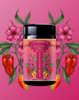 A black tea canister labeled "Teasoning: Chili Fruit Spice" sits against a pink background, surrounded by illustrations of chili peppers, flowers, and green leaves.