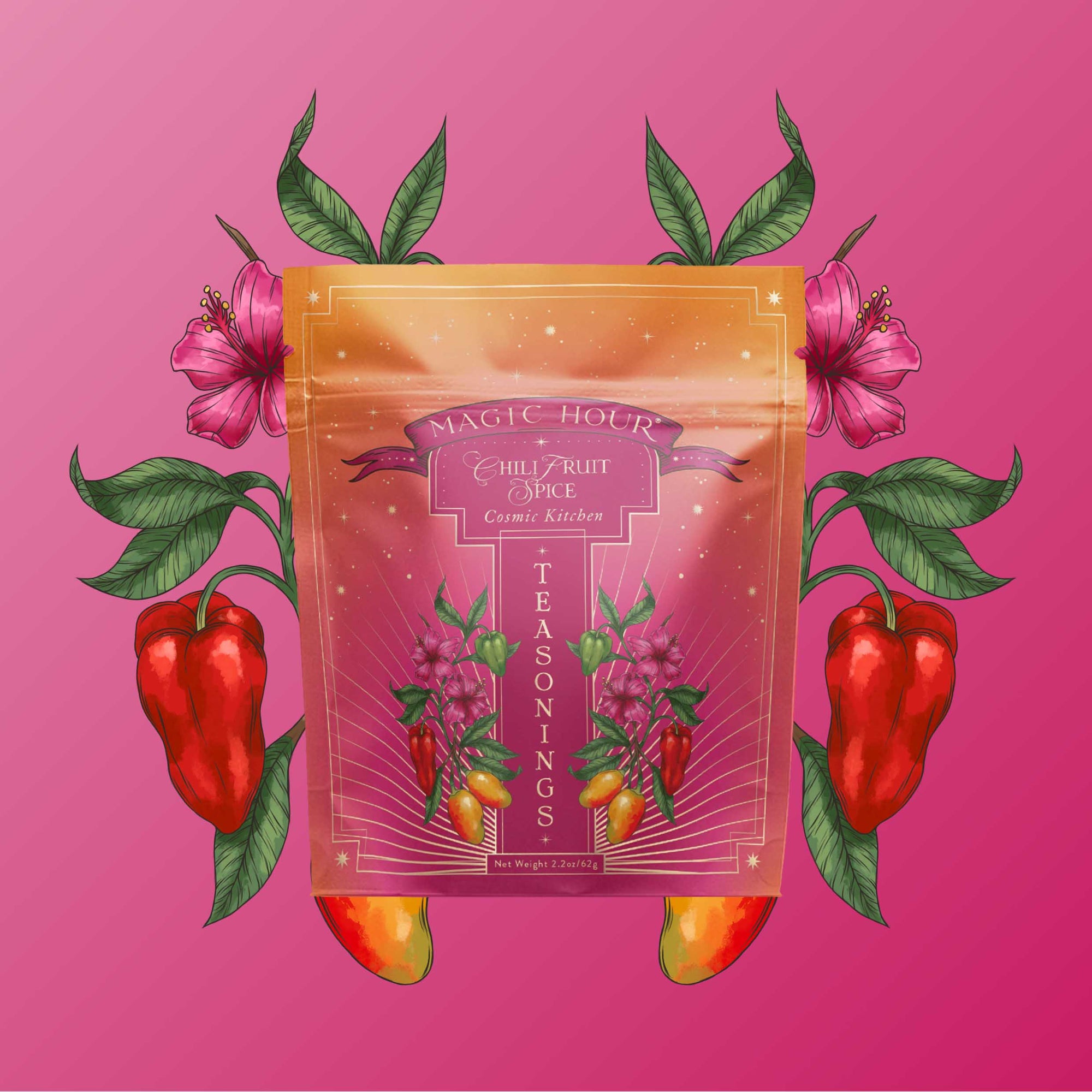 A bright packet labeled “Teasoning: Chili Fruit Spice” sits on a pink background, decorated with vivid flowers, leaves, and chili peppers, featuring bold floral and pepper designs that evoke vibrant tropical seasoning.