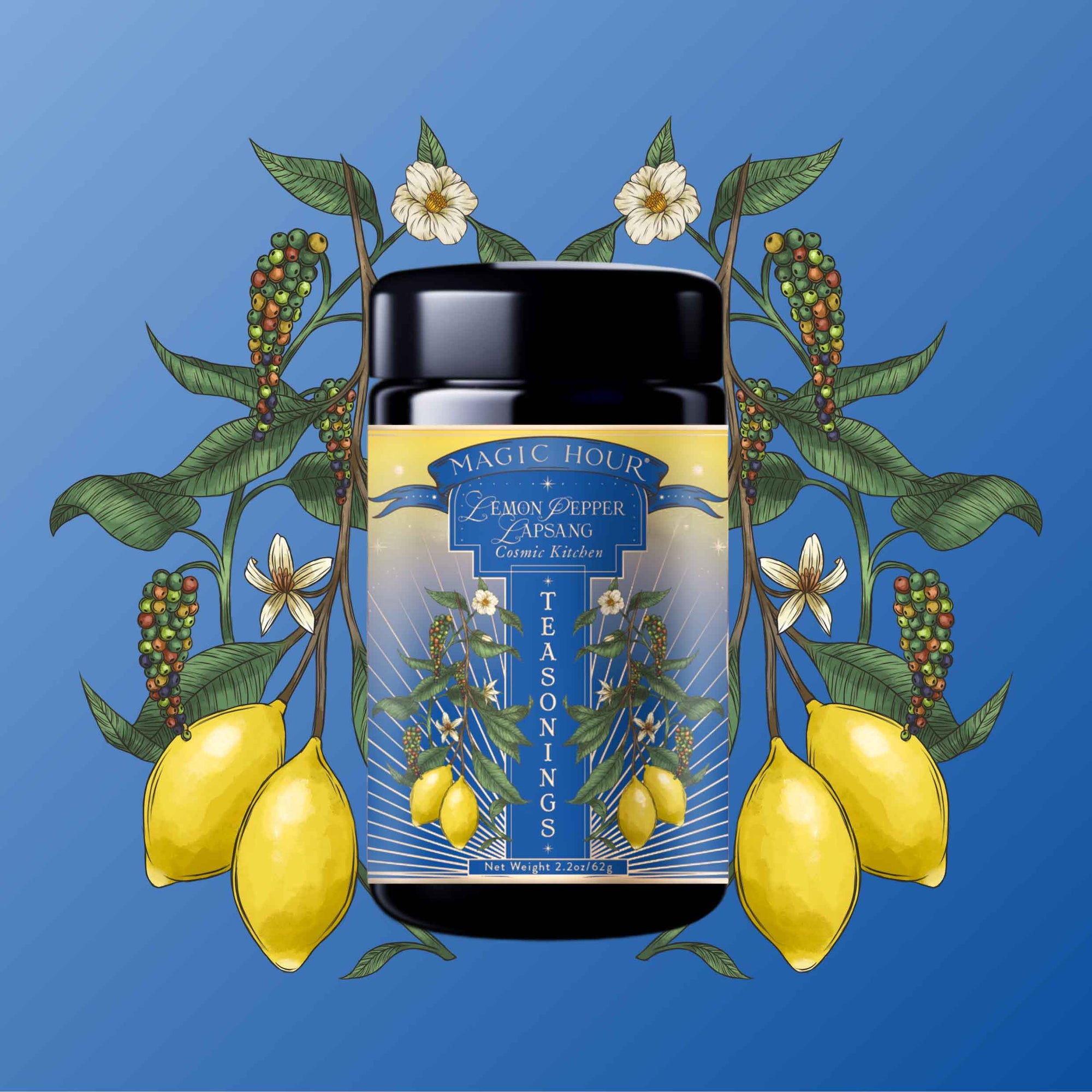 A black jar labeled "Teasoning: Lemon Pepper Lapsang" sits centered against a blue background, decorated with illustrated lemons, peppercorns, green leaves, and white flowers—spotlighting this unique smoky citrus botanical seasoning.