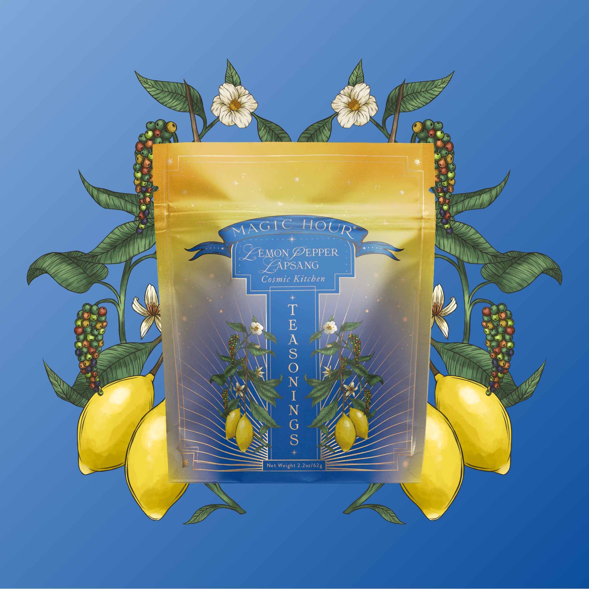 A gold and blue packet labeled “Teasoning: Lemon Pepper Lapsang” sits against a blue background, surrounded by lemons, peppercorns, green leaves, and white flowers—highlighting this smoky citrus botanical seasoning.