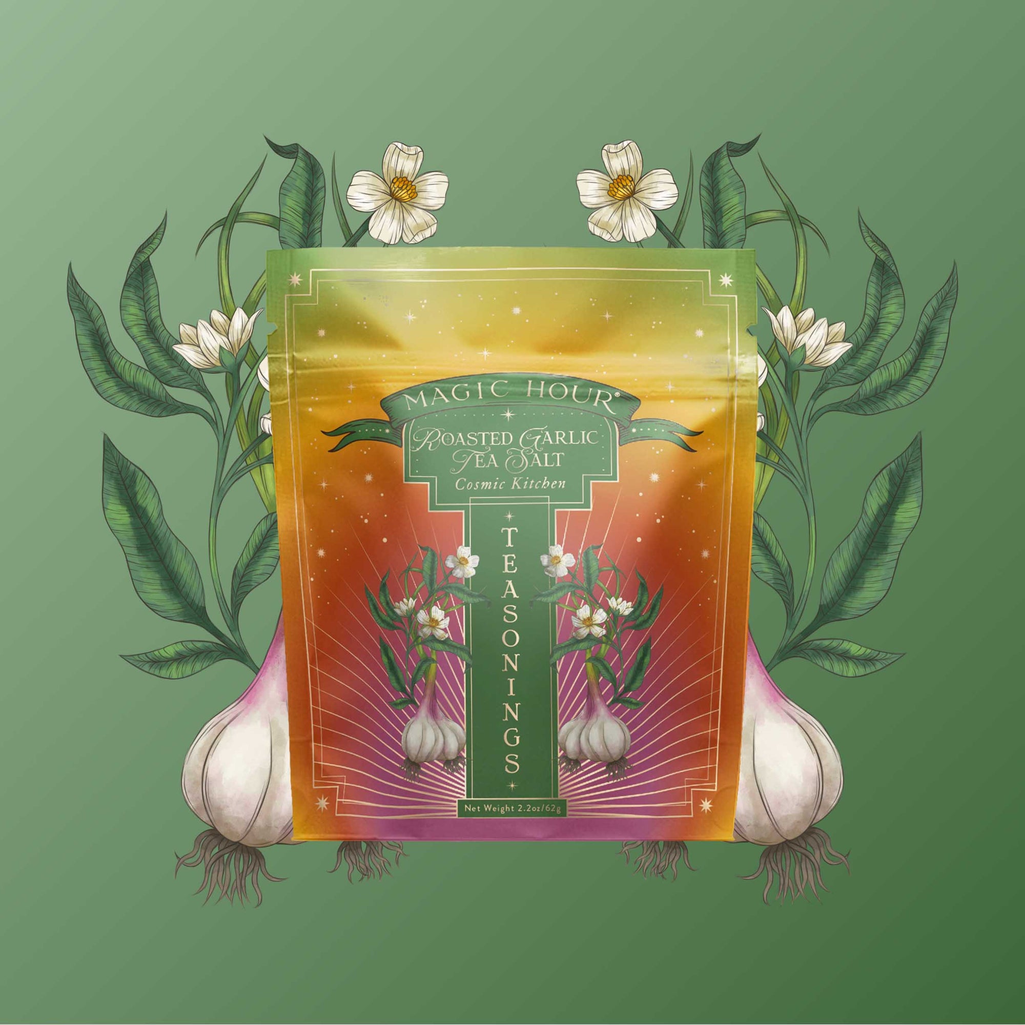 A decorative package labeled "Teasoning: Roasted Garlic Tea Salt" stands before a green background, artfully framed by illustrated garlic bulbs, oolong tea leaves, white flowers, and leafy accents on both sides.
