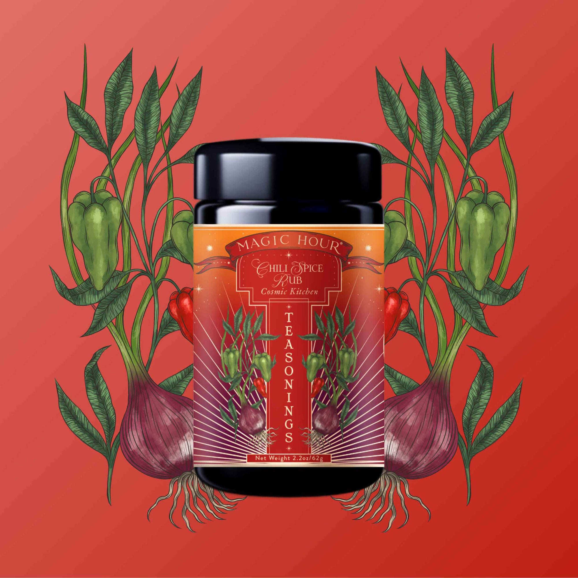 A black jar labeled “Teasoning: Chili Spice Rub” sits centered on a red background, surrounded by illustrated green and red chili peppers and purple onions with roots, highlighting its smoky Lapsang Souchong black tea seasoning.