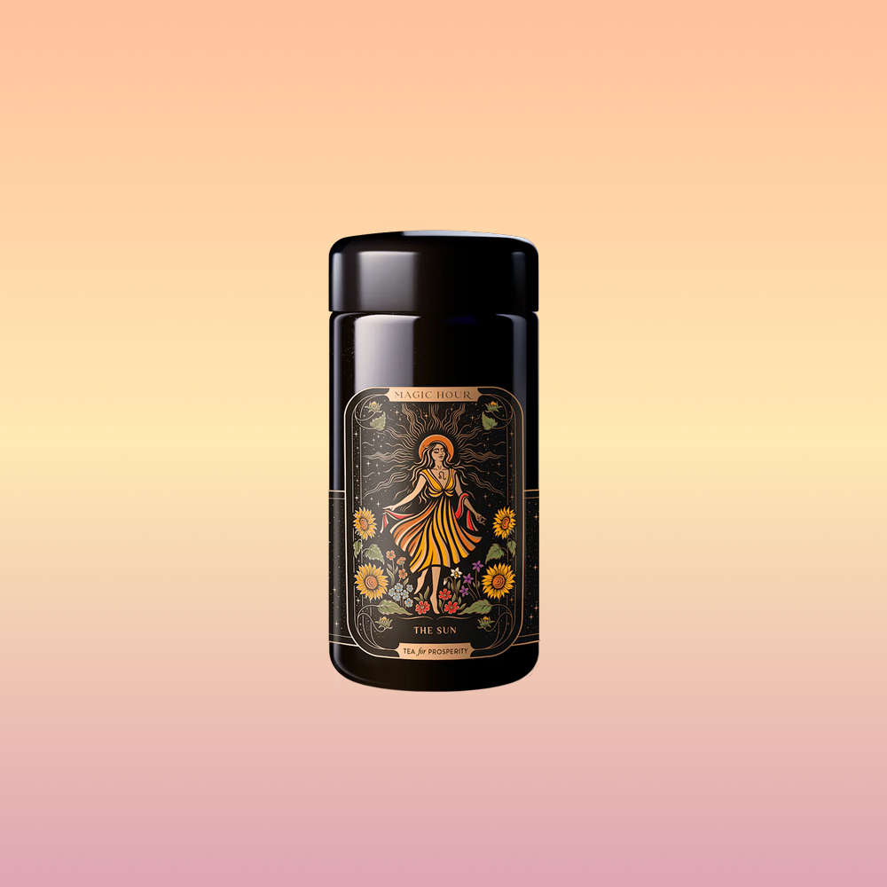 Black coffee canister with decorative label on a gradient background