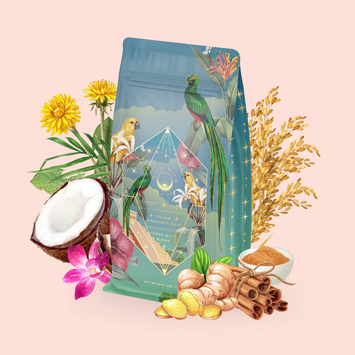 A vibrant teal bag of Tulum Horchata Chai, adorned with tropical bird art, sits amidst coconut, ginger, cinnamon, rice, flowers, and a bowl of brown sugar on a light pink backdrop—an inviting display hinting at an adaptogenic wellness blend designed to revitalize your senses.