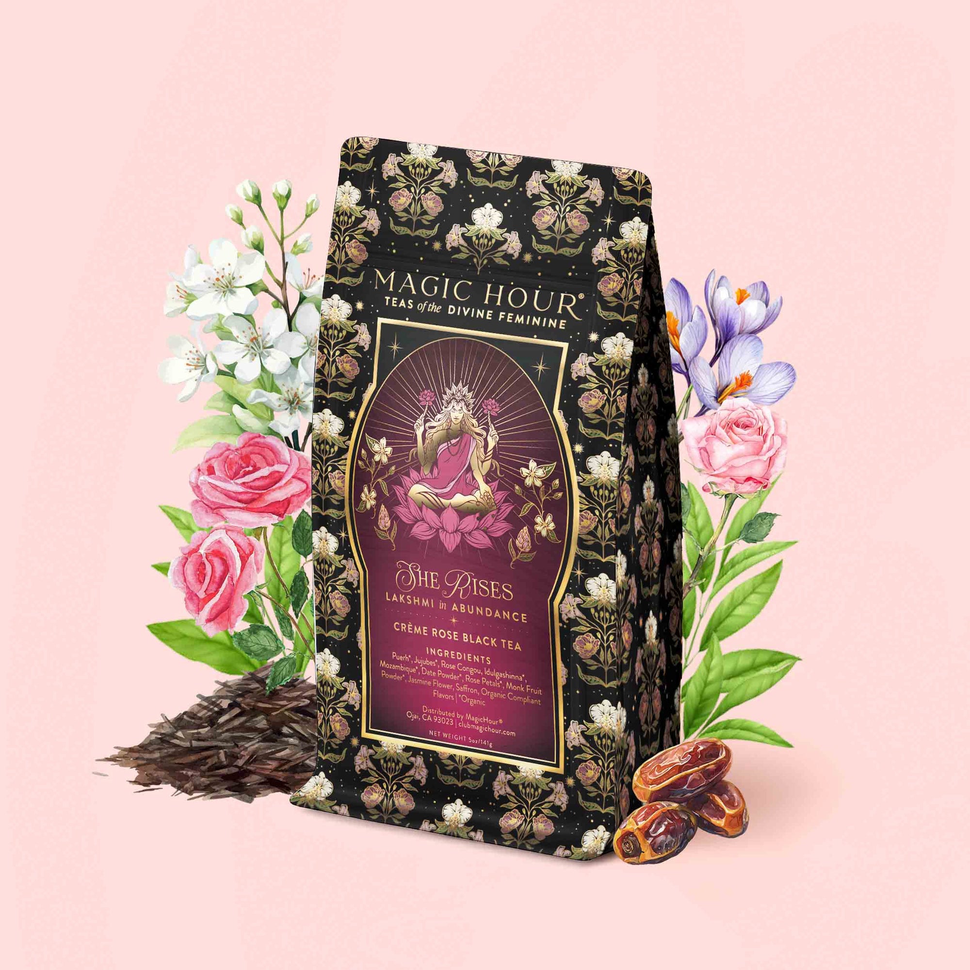 A box of the Monthly Magic Tea Journey Subscription stands in front of illustrated flowers and dates, with loose tea leaves scattered to the left. The packaging features a floral design and a goddess illustration, inviting you to embrace your own Divine Feminine exploration with every cup—a perfect addition to any goddess ritual tea collection.