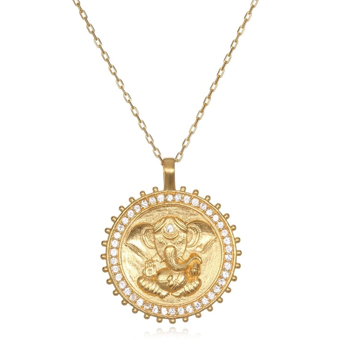 Product Data: White Topaz Ganesha Necklace- ARCHIVE  
Rewritten Sentence: The White Topaz Ganesha Necklace features an engraved image of the elephant-faced figure, Ganesha, at its center. This gold pendant necklace is encircled by a border of sparkling white topaz stones and hangs from a delicate 18 karat gold plated brass chain.