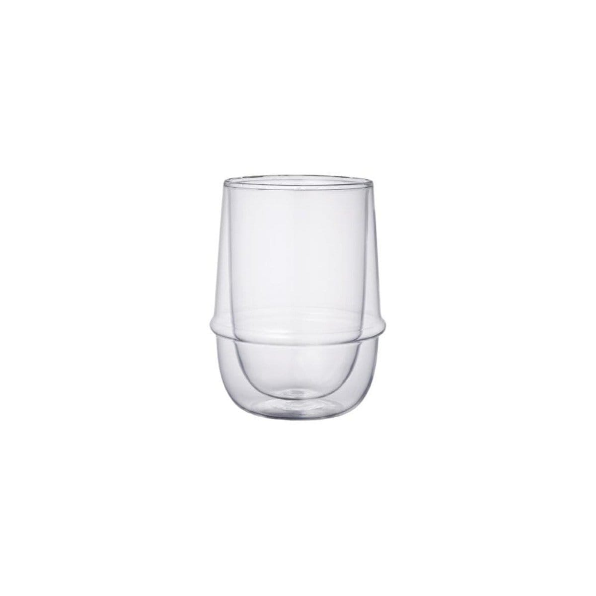 A clear, Kinto Double-Walled Iced Tea Glass: 350mL with a slightly tapered design, featuring a rounded bottom half and a cylindrical top half. Perfect for savoring your favorite Magic Hour tea. The glass is empty and shown against a plain white background.