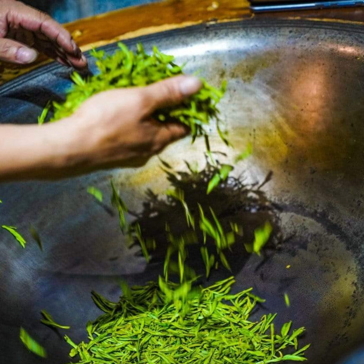 Hands tossing fresh green tea leaves in a large, shallow metal wok, capturing the artisanal process of crafting Organic Dragonwell Longjing Green Tea- ARCHIVE. The rustic, textured surroundings evoke the traditional charm that is reminiscent of Zhejiang China’s rich heritage in producing this exquisite tea.