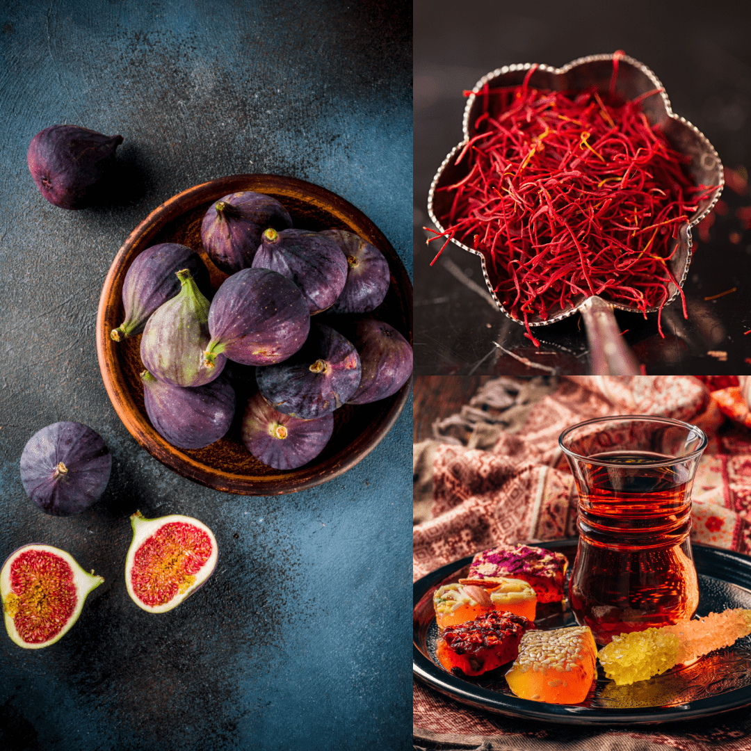 A collage features a wooden bowl of figs, a small dish of saffron, and a plate with assorted sweets and a glass of Scorpio Tea for Sensual Brilliance by Magic Hour. The figs are deep purple, the saffron is vibrant red, and the sweets are colorful with various textures, set against rustic backgrounds.