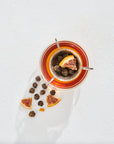 Overhead view of a glass filled with Mango-Ginger-Cream White Tea from the Astrology Bundle: Cancer, Leo, Virgo, with a tea infuser containing dried fruit slices and herbs resting inside it. Surrounding the glass are scattered dried fruits and herbs on a white surface.