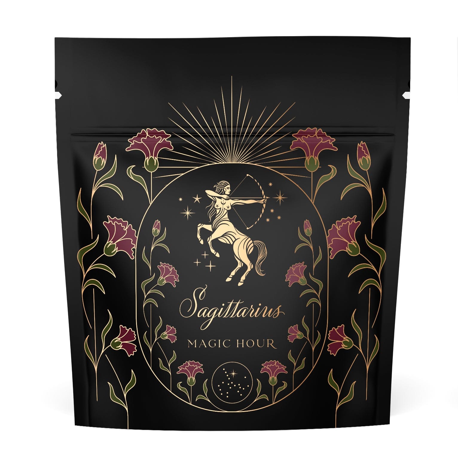 A black, resealable bag features a gold-etched design of a centaur archer, symbolizing Sagittarius, surrounded by red carnations and green leaves. The text "Sagittarius Tea of Good Fortune & Abundance" appears below the centaur, with a celestial motif at the bottom of the design. Enjoy your organic loose leaf tea during this Magic Hour experience.