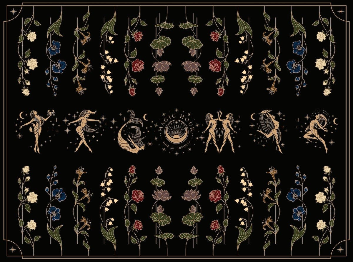 A decorative design on a black background features celestial themes and floral patterns, reminiscent of the enchanting allure found in Magic Hour Tea Ceremony Towels. There are illustrations of women in various poses with moons, stars, and cosmic symbols, complemented by red roses, blue flowers, and green leaves arranged symmetrically.