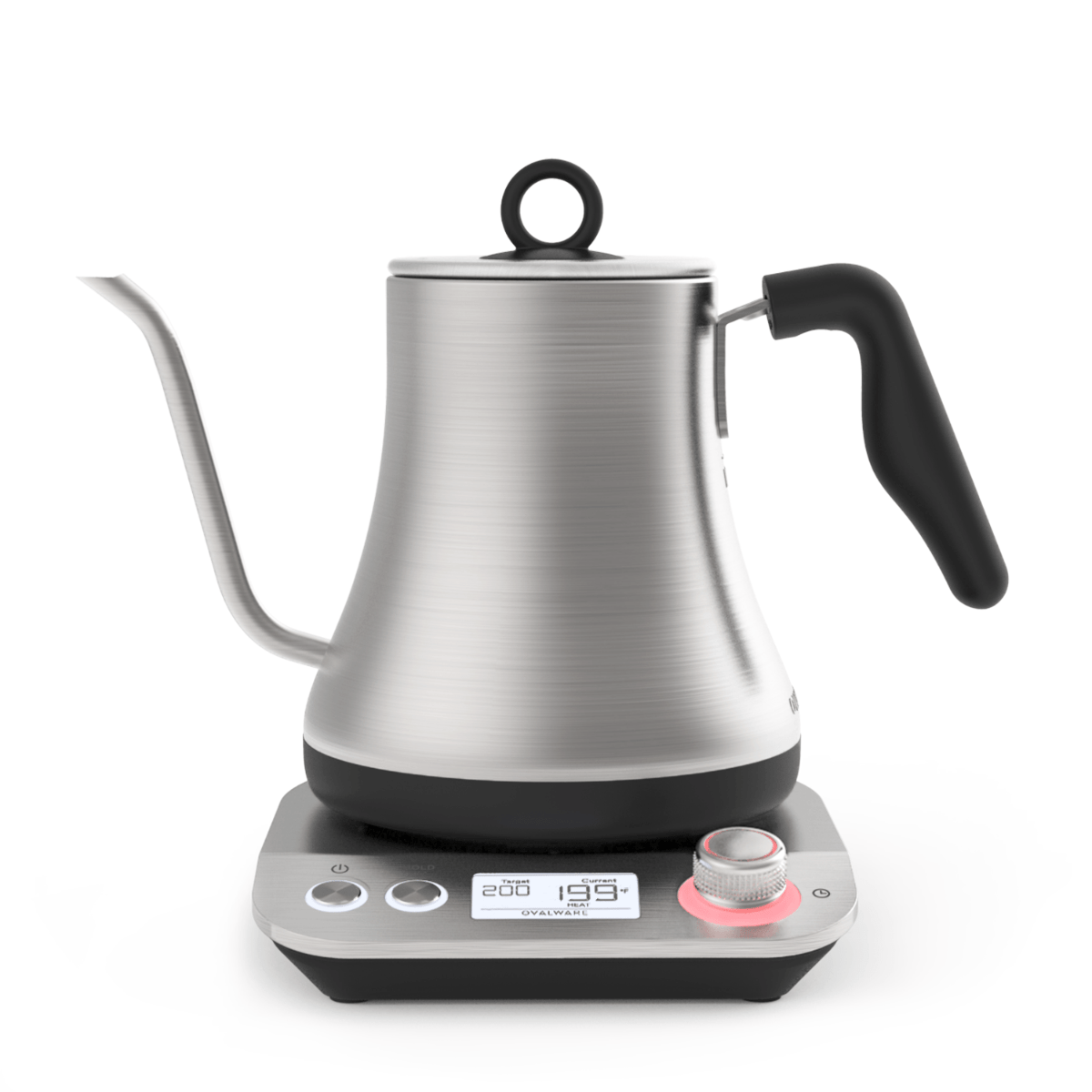 A Magic Hour Electric Pour Over Kettle with a matte silver finish sits on a digital base. The base features a display screen showing "200°F" and "193°F" with buttons and a red dial for temperature adjustments, perfect for brewing Magic Hour Tea. The kettle has a black handle and a looped lid handle.