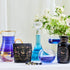 A collection of elegant glassware with blue liquids, including a pitcher, decanter, glasses, and bottles is arranged on a white surface with a bouquet of white flowers in the background. A packet of "Pisces Tea - Oolong, Magnolia and Jasmine Sampler Pouch" is also shown.