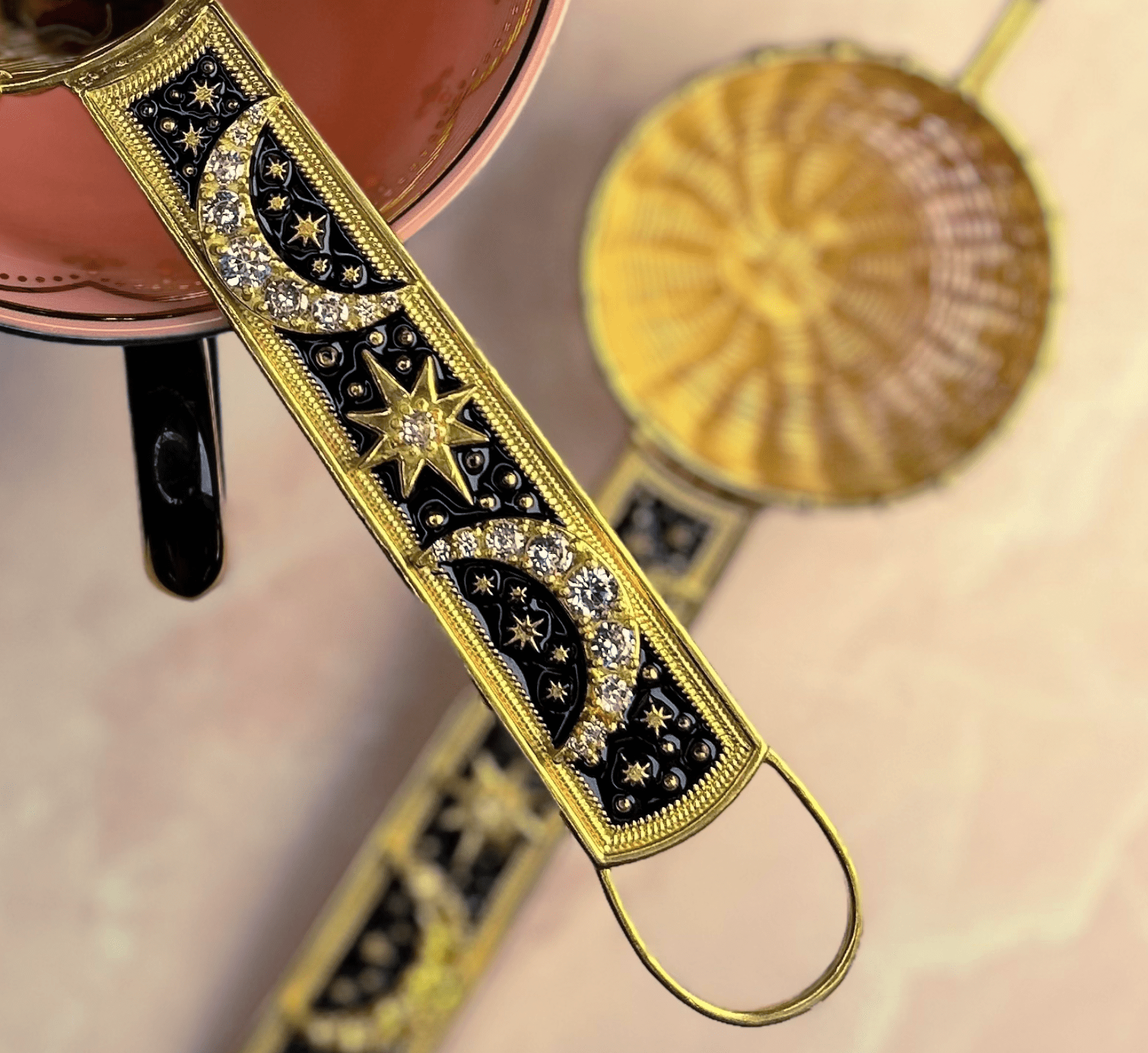 22-Carat Gold Plated Radiant Moon Gemstone Tea Strainer from Jaipur, India