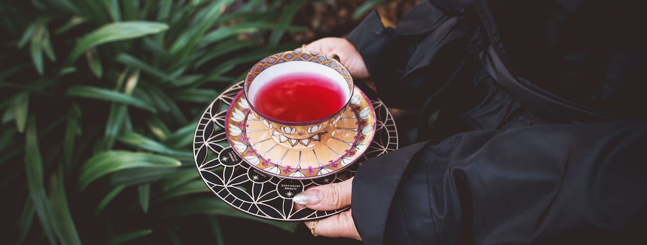 Person holding a Crystal Grid: Flower of Life Tea Ceremony Altar by Alibaba filled with organic red tea on a matching saucer, standing near lush green foliage, dressed in a dark coat.