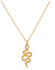 The Enduring Individuality White Topaz Snake Necklace is a stunning piece featuring an 18kt gold plate chain with small, interlocking links and a detailed pendant shaped like a serpent symbol. The snake boasts intricate markings for added texture and depth, and near its head, it sparkles with a shimmering, teardrop-shaped white topaz detail.