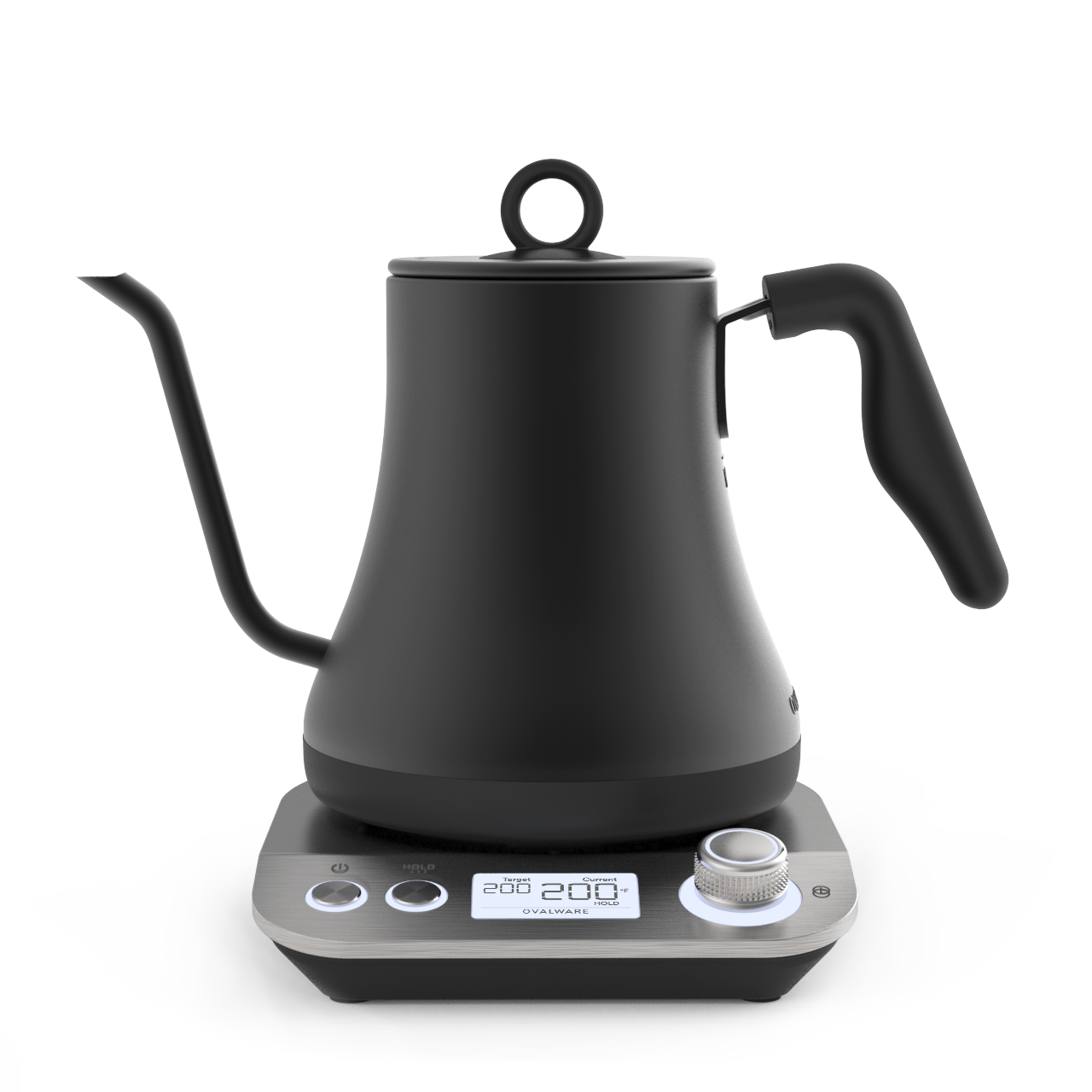 A sleek, black Electric Pour Over Kettle by Magic Hour with a goose-neck spout is placed on a base featuring a digital display and control knob. The display shows "200°F," perfect for brewing delicate loose leaf tea. The base has smooth, rounded edges with a modern design.