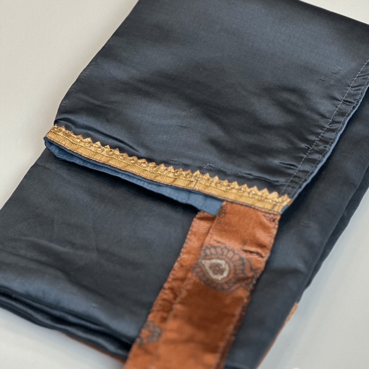 Cool &amp; Casual Handmade Sari Aprons-Grey Blue with Copper Ribbon 