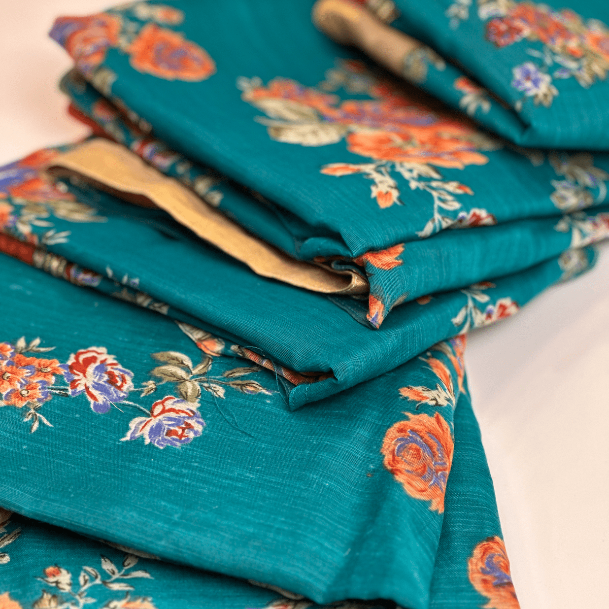 Cool &amp; Casual Handmade Sari Aprons-Teal Floral with Gold Trim 
