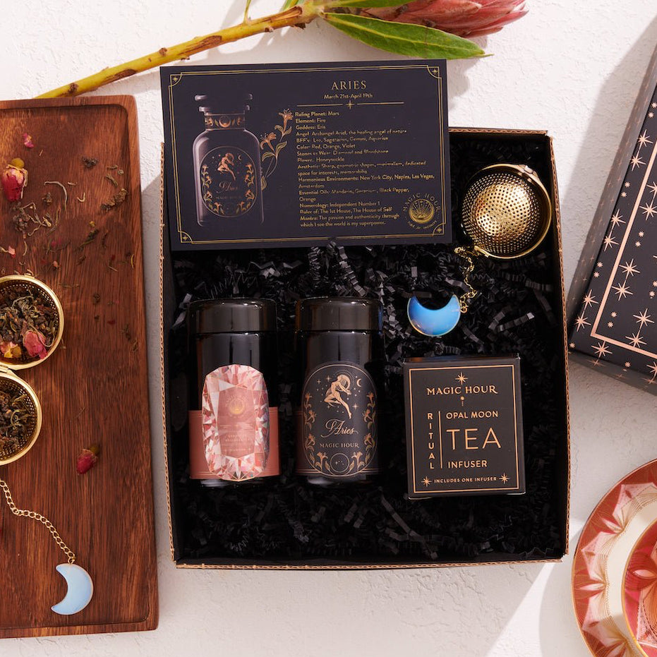 Cosmic Gemstone Mini Gift Set: Astrology Tea & Gemstone Wellness Tea Curated by Birth Month-April: Aries Sampler Pouch with Diamond Traveler Jar-Magic Hour