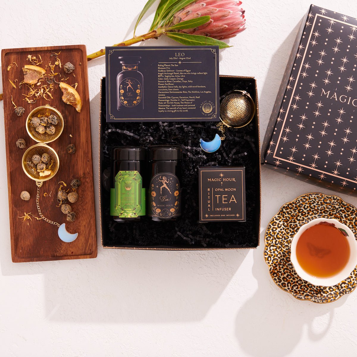 Cosmic Gemstone Mini Gift Set: Astrology Tea &amp; Gemstone Wellness Tea Curated by Birth Month-August: Leo Sampler Pouch with Carnelian Traveler Jar-Magic Hour